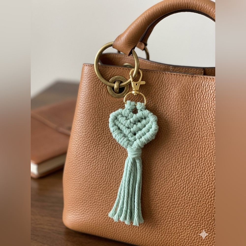 HANDCRAFTED Macrame Heart Lt Green Bag Charm Keychain Bohemian Purse Jewelry NEW